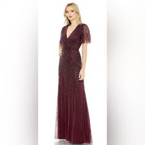 Mac Duggal NWT Aubergine Embellished Flutter Sleeve Maxi Gown Dress Sz 10 #35109